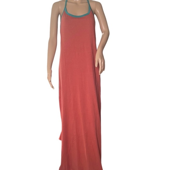 Threads 4 Thought T-Back Halter Maxi Dress Rusty Pink w Turquoise Trim MED - Picture 11 of 15